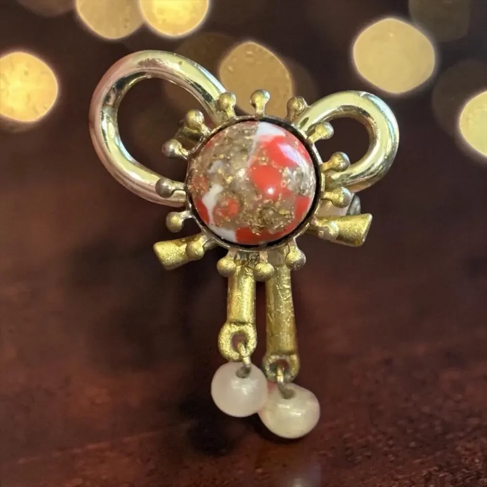50s Atomic Bow Brooch Confetti Art Glass Faux Pearl Dangle Mid Century